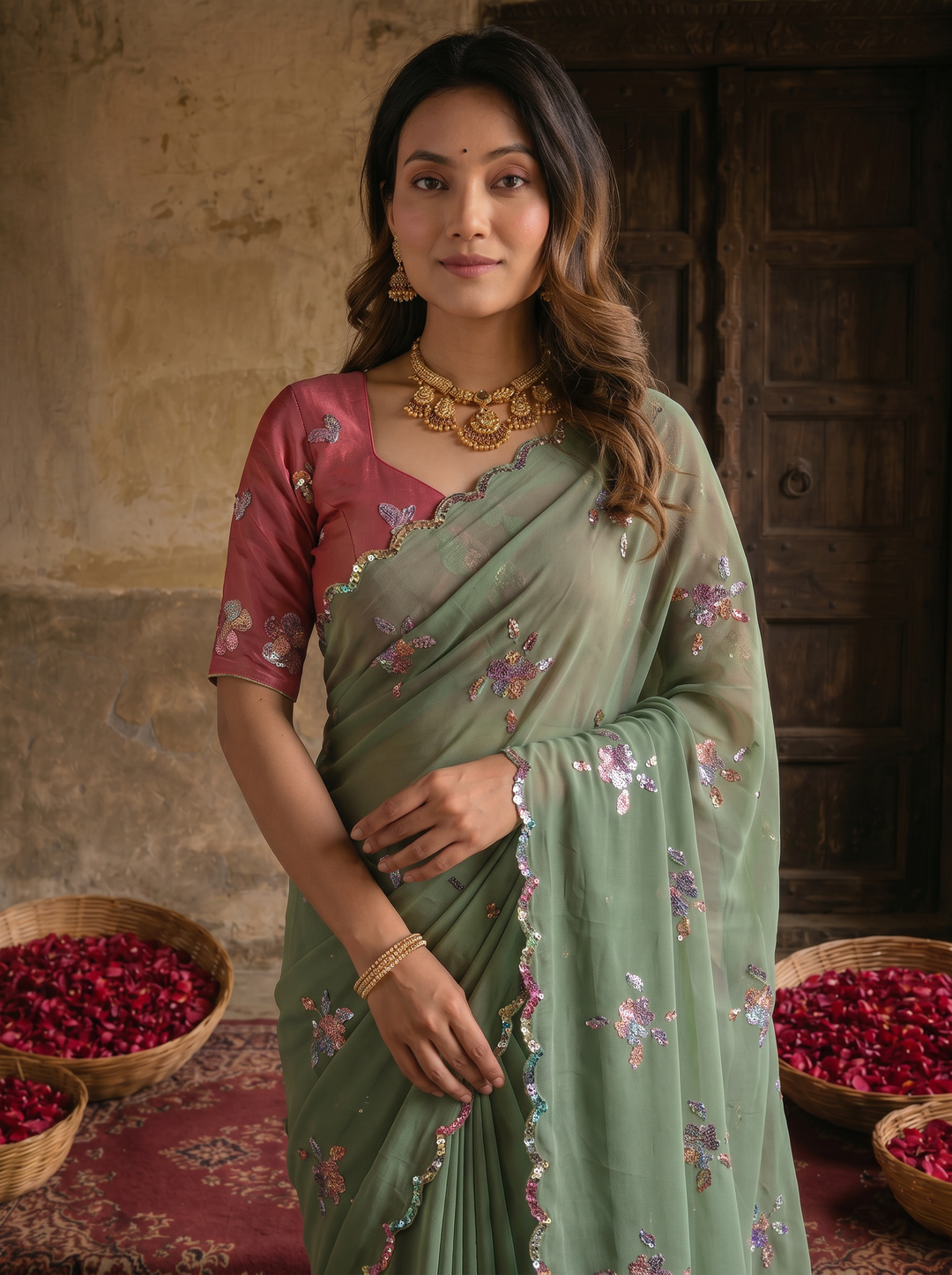 Sage Green Georgette Embroidered Saree with Floral Sequin Work &amp; Designer Blouse