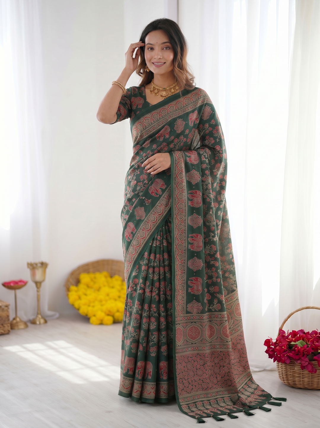 Forest Green Modal Silk Saree with Elephant Motif Ajrakh Print &amp; Designer Heritage Pallu | Traditional Festive Wear Saree
