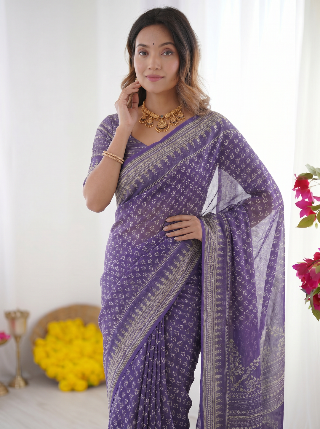 Royal Purple Modal Silk Saree with Delicate Floral Butti Prints, Traditional Woven Border &amp; Heritage Designer Pallu