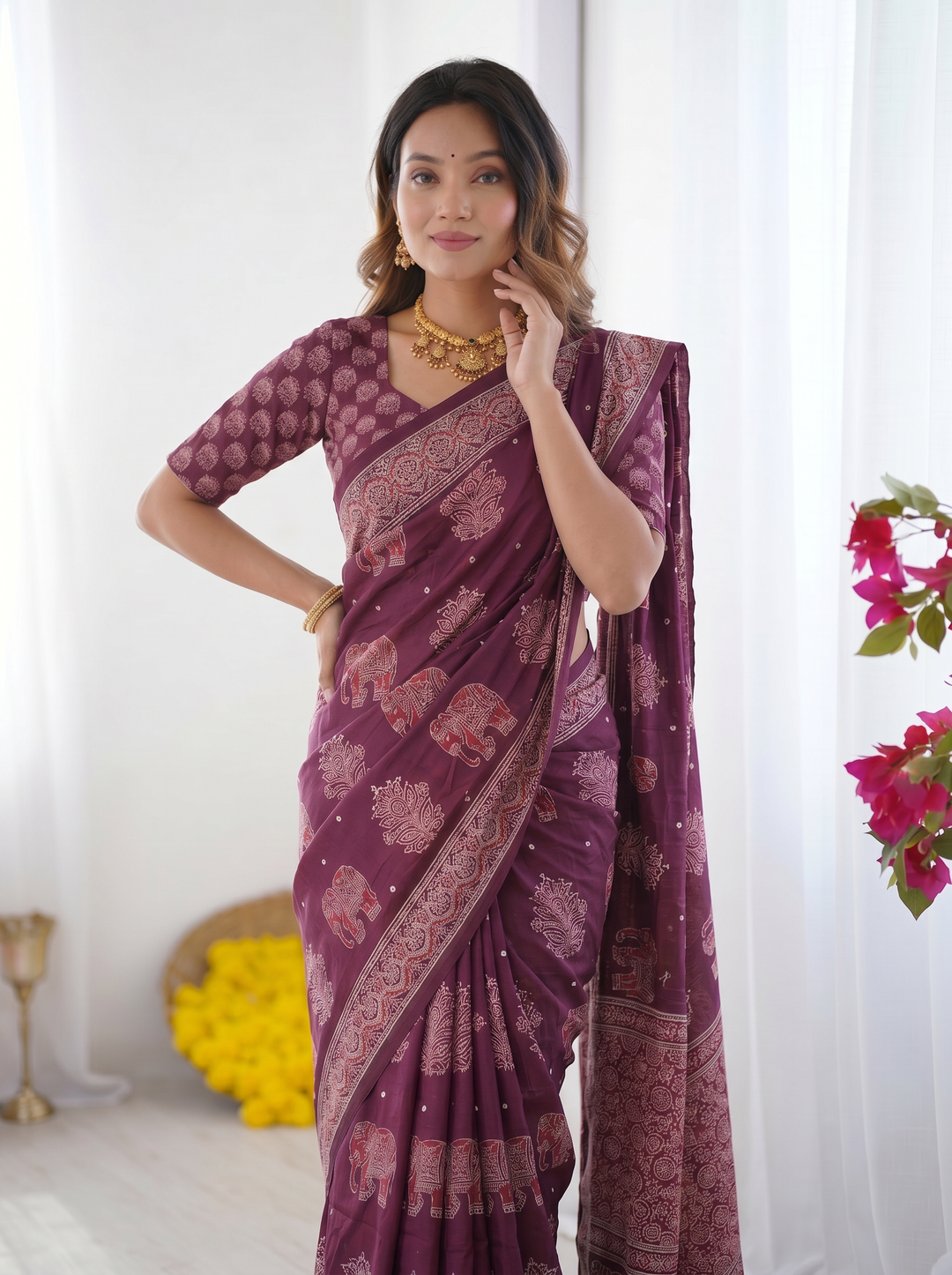 Plum Purple Modal Silk Saree with Elephant Motif Print &amp; Heritage Designer Pallu | Traditional Festive Wear Saree