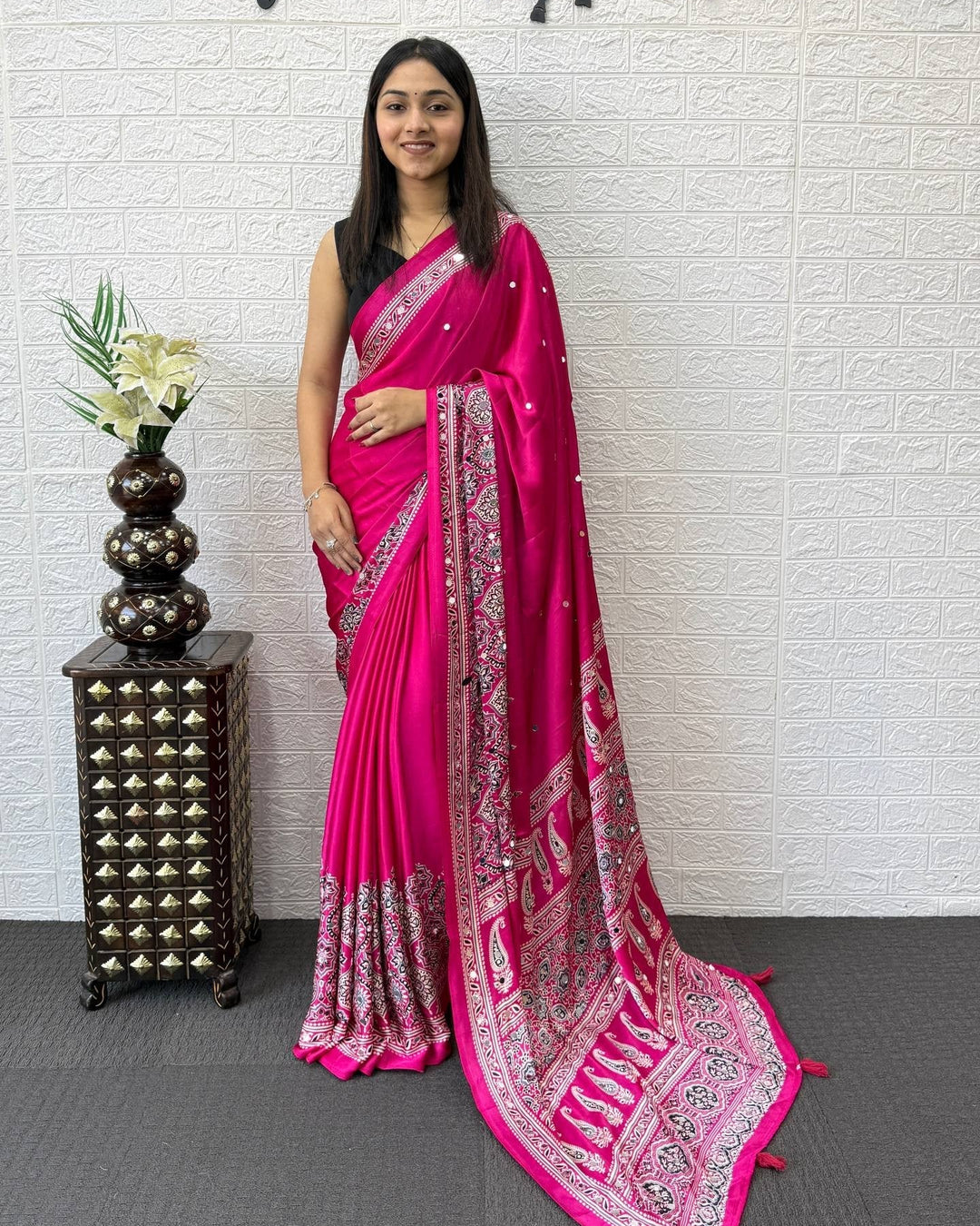 Rani Pink Modal Silk Saree with Heritage Paisley Pallu, Intricate Ethnic Border &amp; Designer Traditional Print