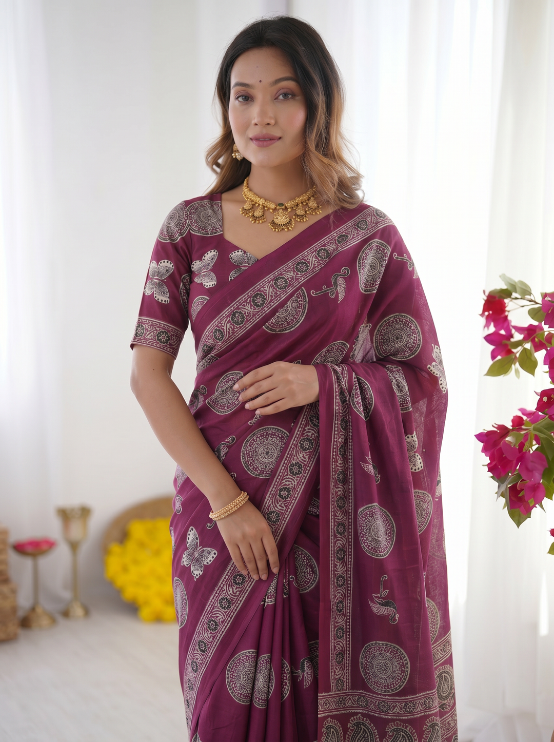 Wine Purple Modal Silk Saree with Traditional Circular Motif Print &amp; Heritage Designer Pallu | Festive &amp; Ethnic Wear Saree