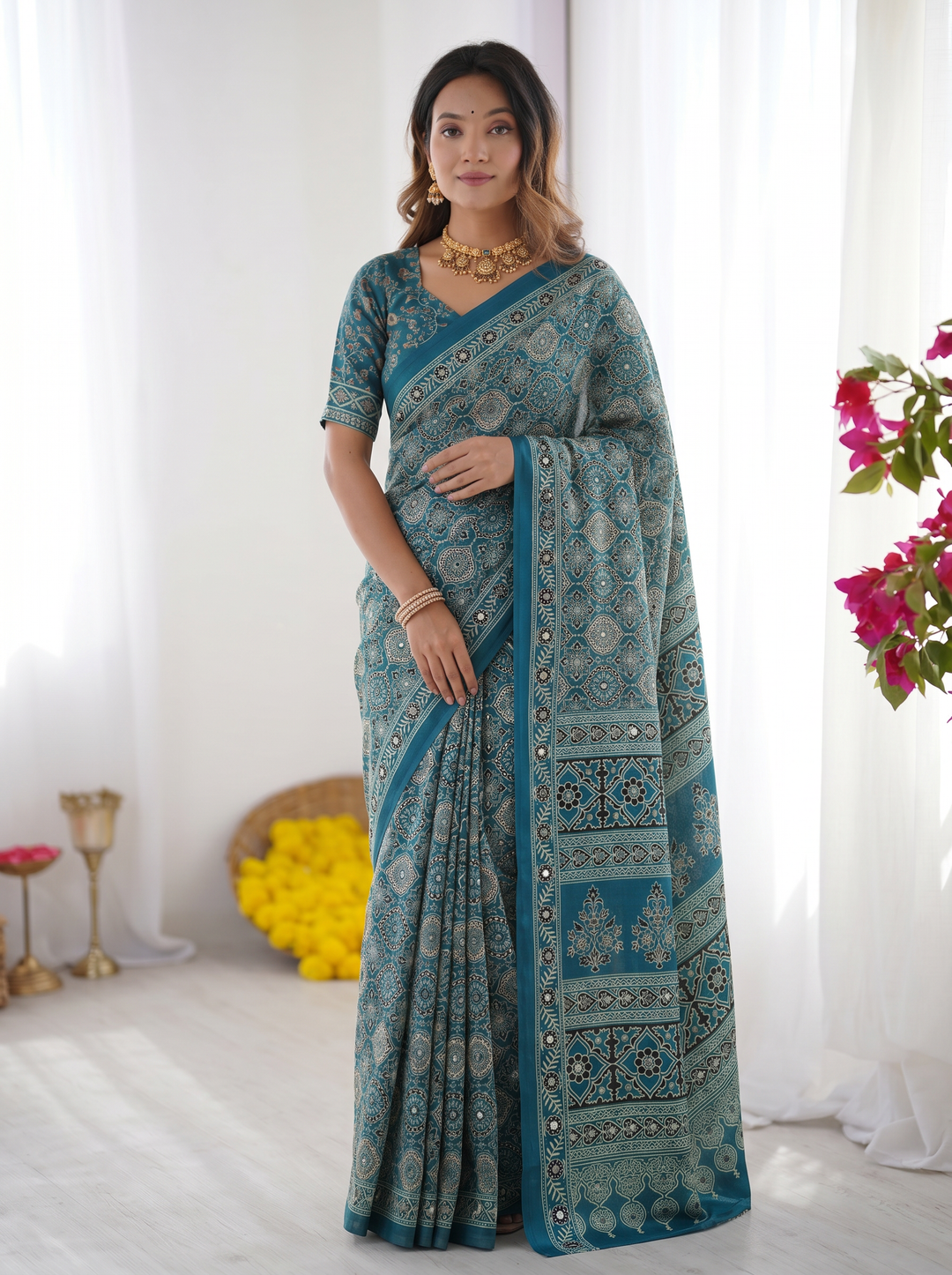 Teal Blue Modal Silk Saree with Heritage Geometric Motifs, Intricate Printed Border &amp; Traditional Designer Pallu