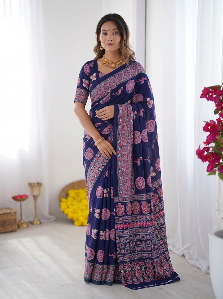 Navy Blue Modal Silk Saree with Paisley &amp; Circular Motif Print | Designer Heritage Pallu Saree for Festive Wear