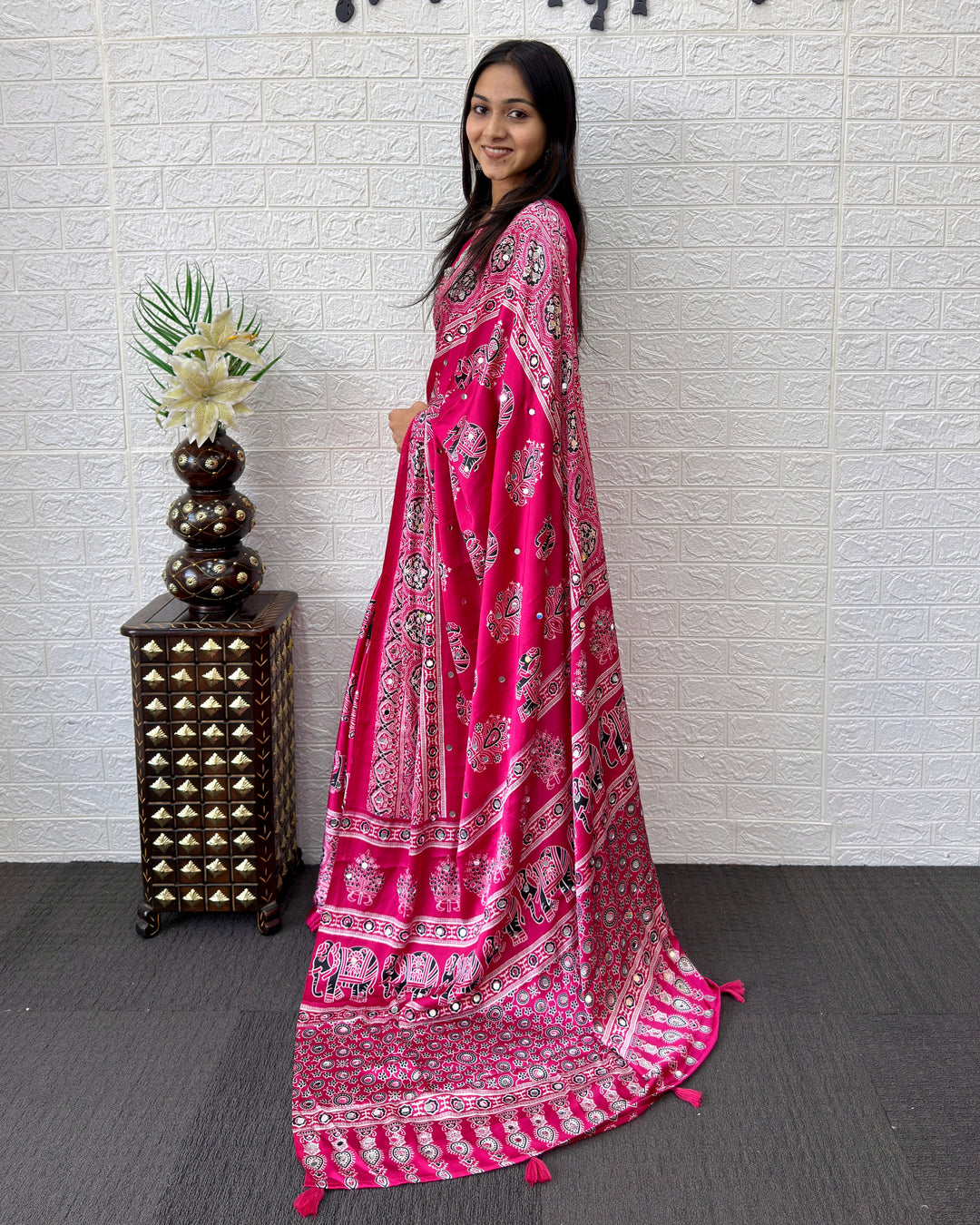Rani Pink Modal Silk Saree with Elephant Motif Ajrakh Print &amp; Designer Pallu | Festive Ethnic Wear Saree