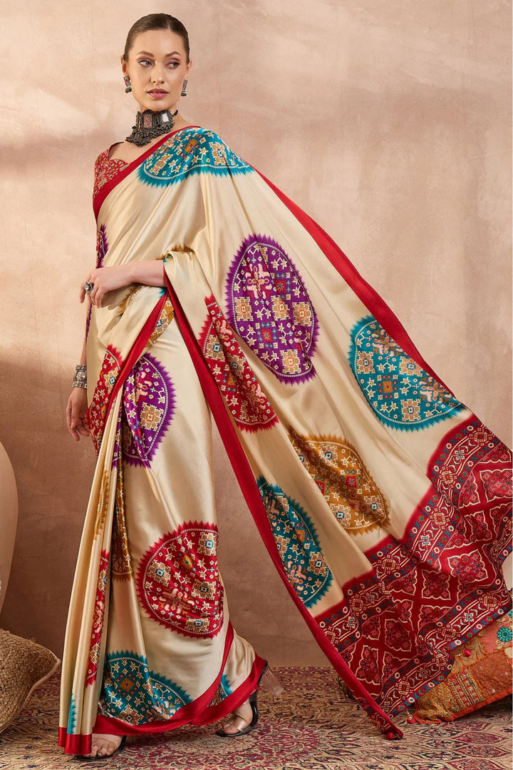 Cream Modal Silk Saree with Multicolor Patola-Inspired Print &amp; Ruby Red Border | Designer Festive Wear Saree