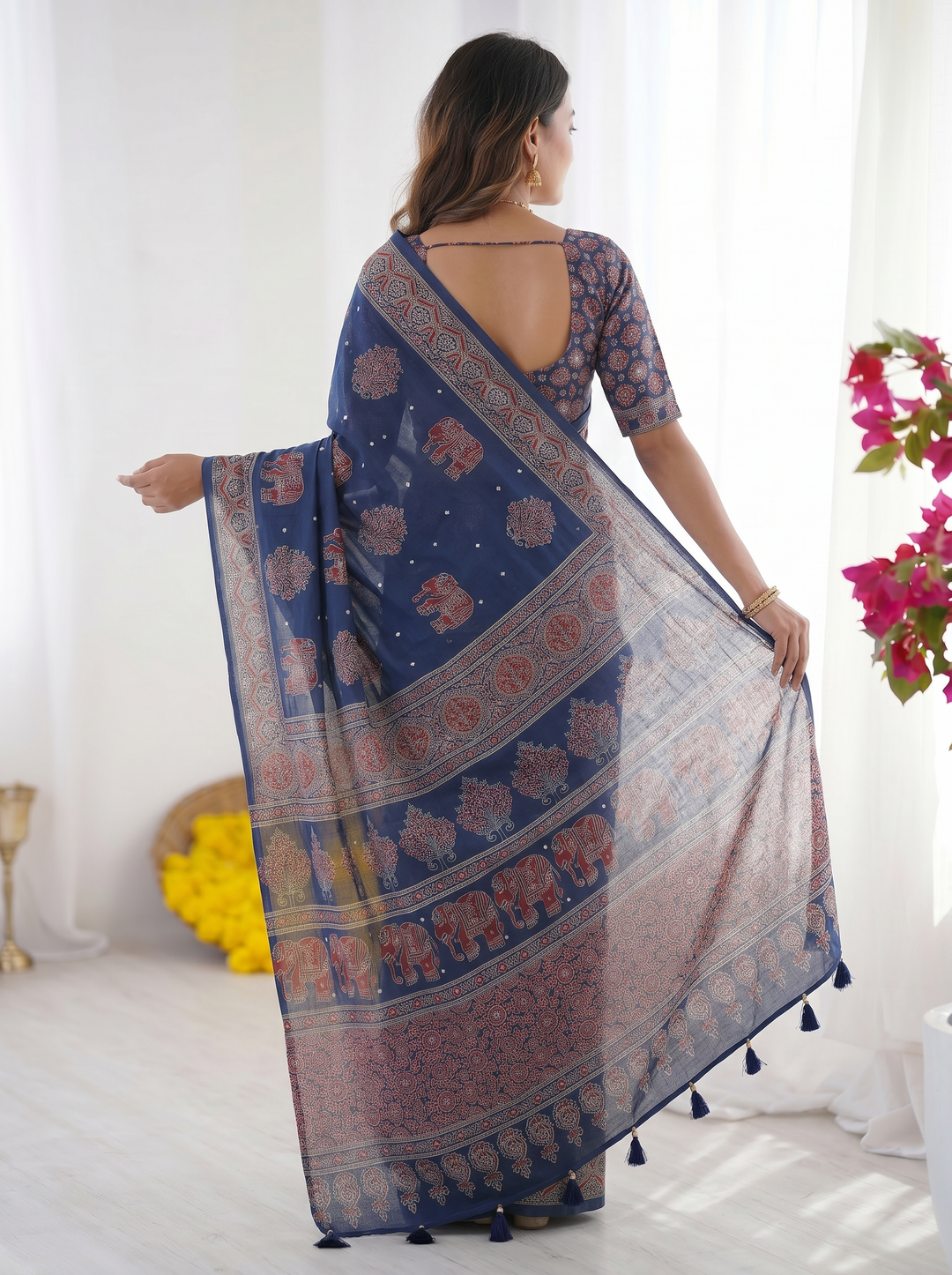 Royal Blue Modal Silk Saree with Elephant Motif Heritage Print &amp; Designer Pallu | Traditional Festive Wear Saree