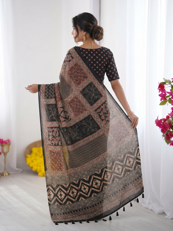 Black Modal Silk Saree with Tribal &amp; Geometric Print | Designer Heritage Pallu Saree for Festive Wear