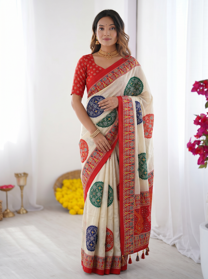 Ivory White &amp; Vermilion Red Pure Modal Silk Saree with Multicolor Mandala Print &amp; Traditional Designer Pallu