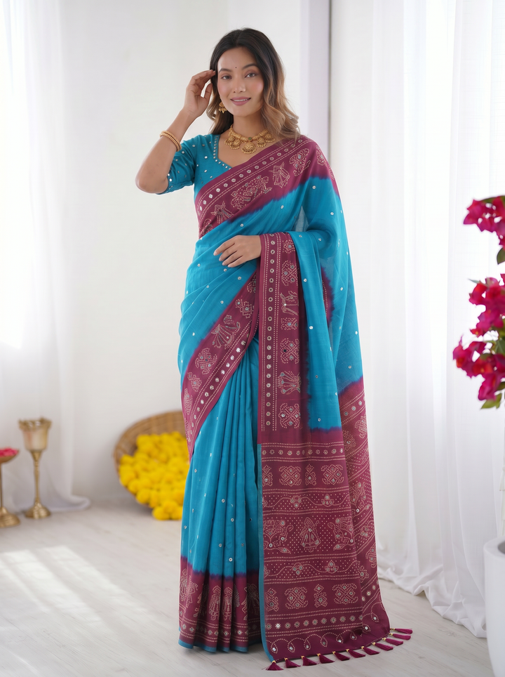 Sky Blue &amp; Wine Purple Bandhani Printed Cotton Silk Saree with Traditional Folk Border &amp; Tassel Pallu