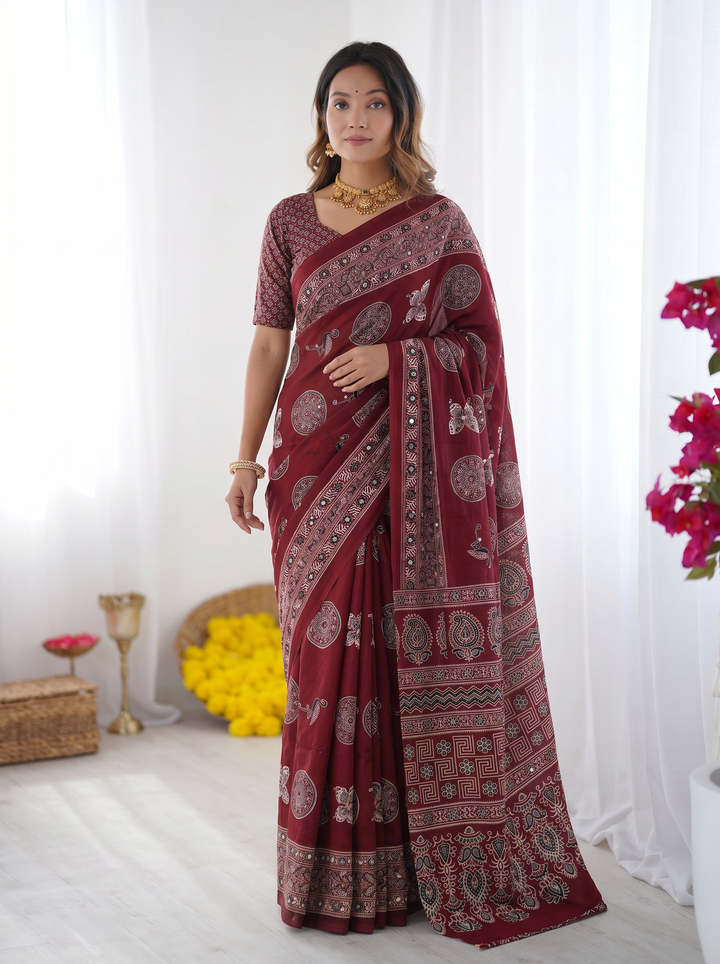Maroon Modal Silk Saree with Paisley &amp; Circular Motif Print | Designer Heritage Pallu Saree for Festive Wear