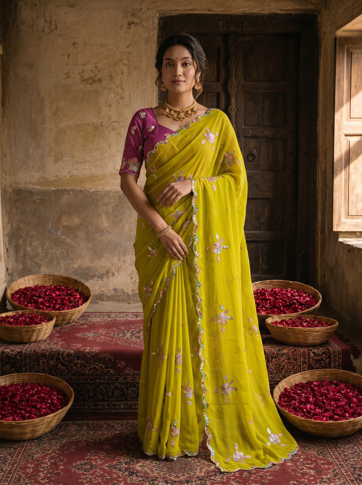 Lime Yellow Georgette Embroidered Saree with Floral Sequin Work &amp; Contrast Magenta Blouse