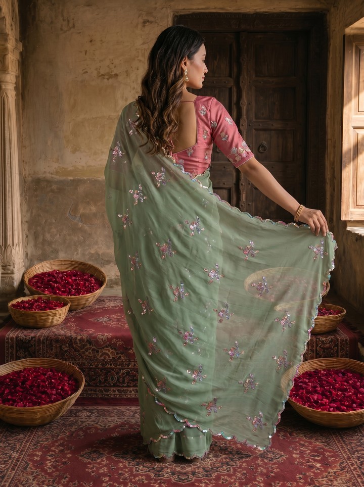 Sage Green Georgette Embroidered Saree with Floral Sequin Work &amp; Designer Blouse