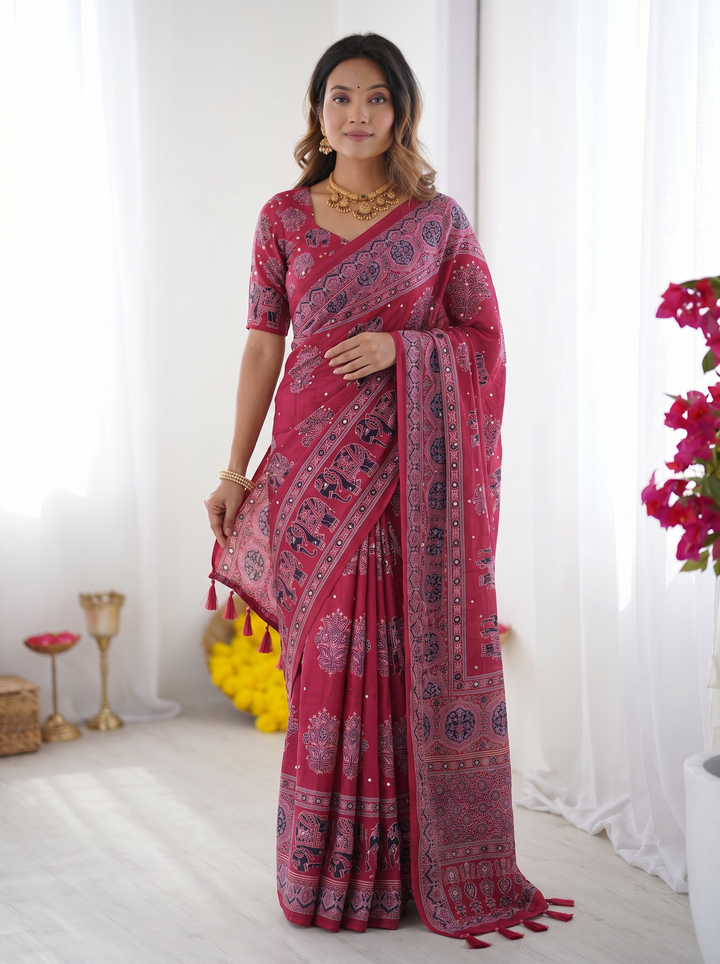 Rani Pink Modal Silk Saree with Elephant Motif Ajrakh Print &amp; Designer Pallu | Festive Ethnic Wear Saree