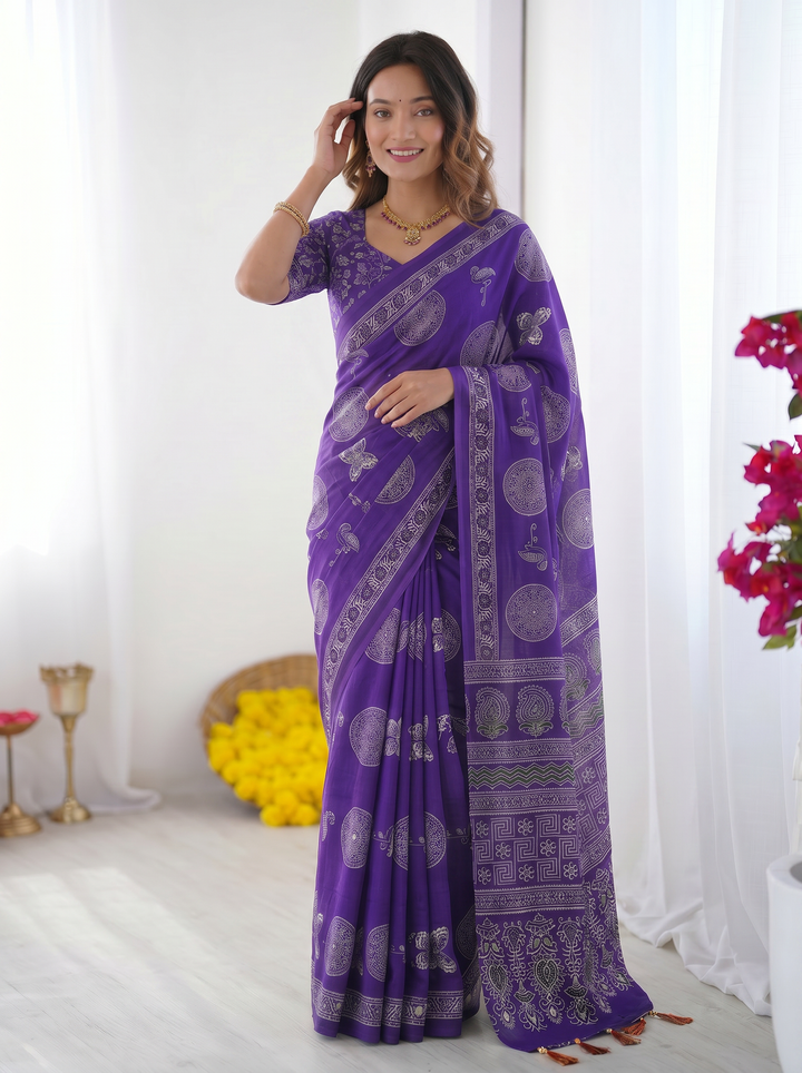 Royal Purple Modal Silk Saree with Circular Medallion Print &amp; Heritage Designer Pallu | Festive &amp; Ethnic Wear Saree