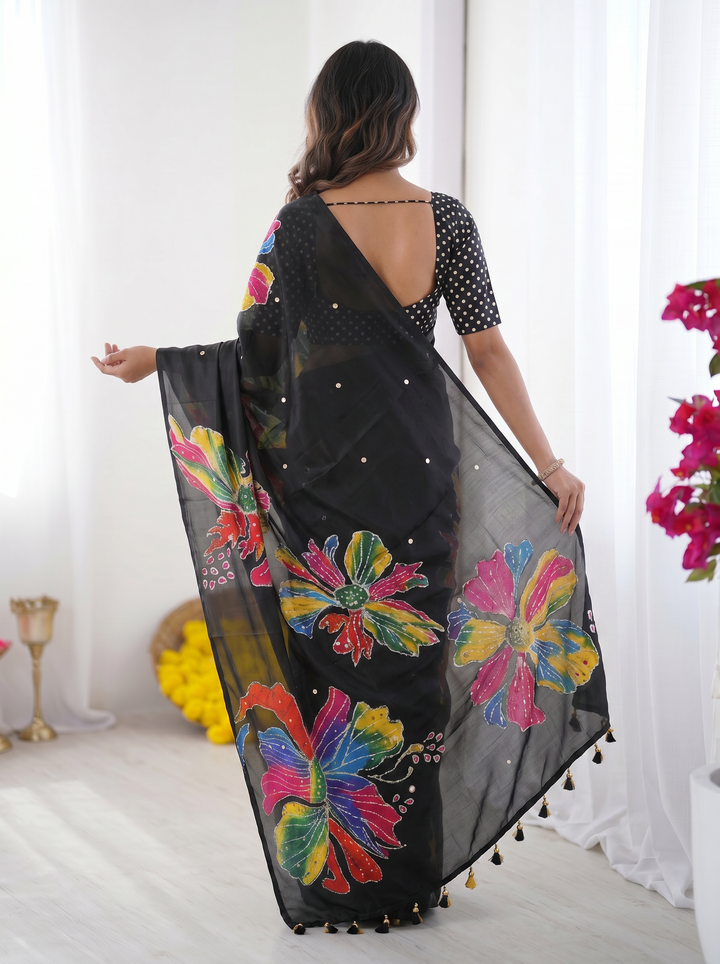 Black Modal Silk Saree with Multicolor Floral Art Print, Handcrafted-Inspired Design &amp; Designer Tassel Pallu
