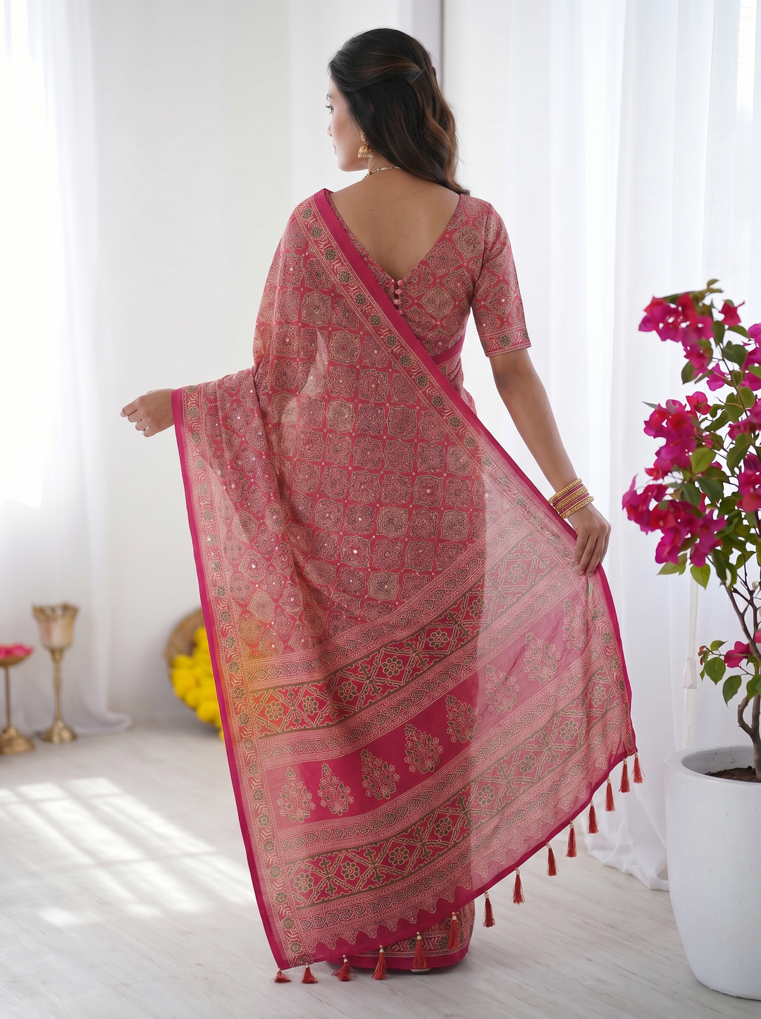 Rose Pink Modal Silk Saree with Heritage Motifs, Intricate All-Over Print &amp; Designer Pallu