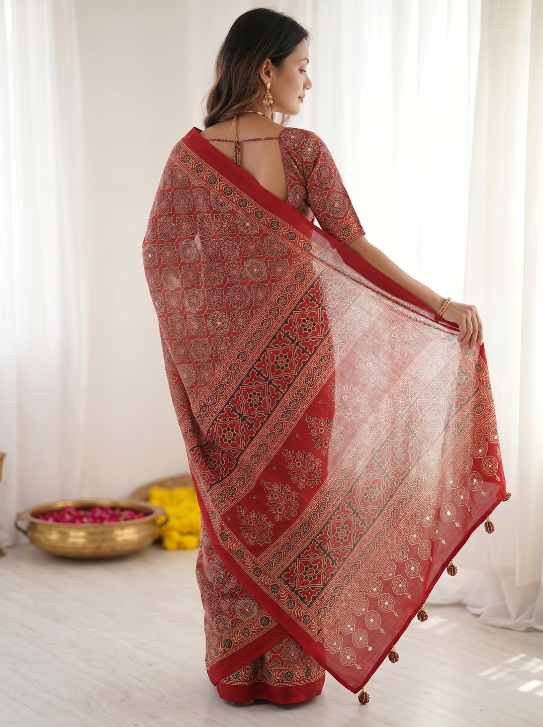 Ruby Red Pure Modal Silk Saree with Heritage Ajrakh Inspired Print &amp; Traditional Designer Pallu