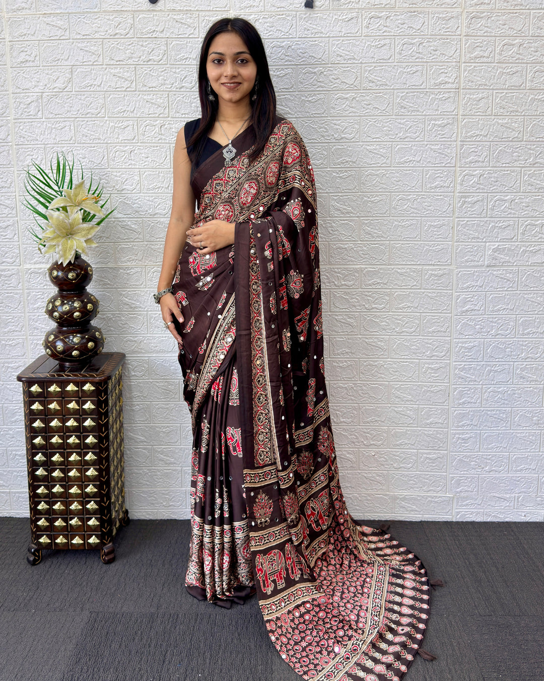 Chocolate Brown Modal Silk Saree with Elephant Motif Heritage Print &amp; Designer Pallu | Traditional Festive Wear Saree