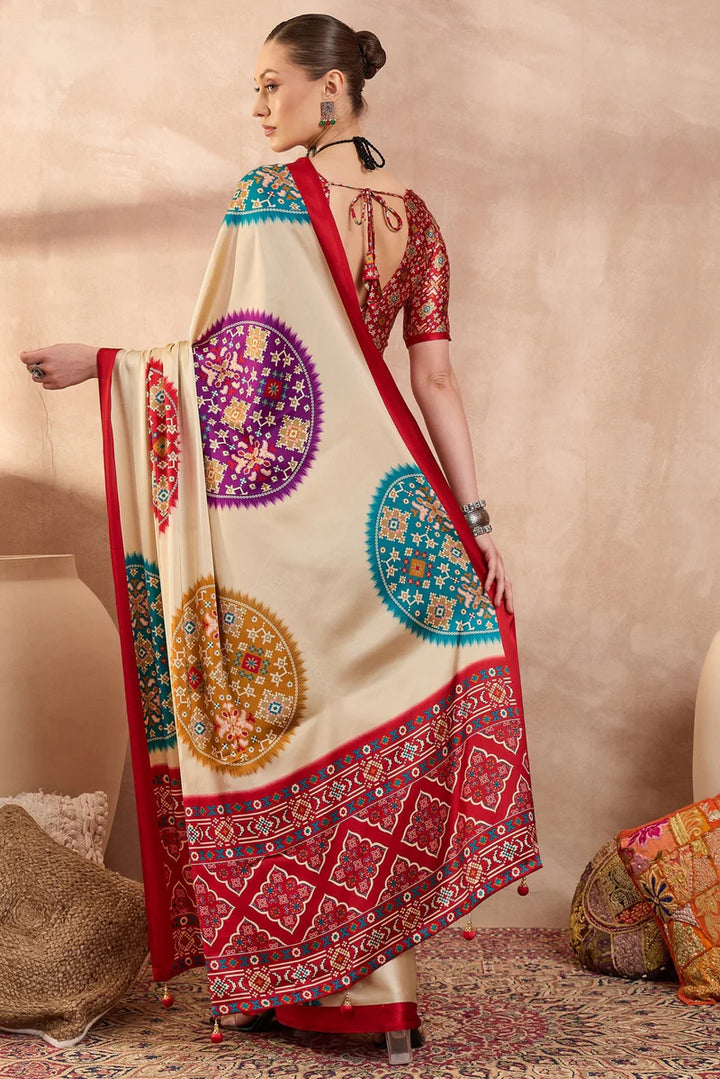 Cream Modal Silk Saree with Multicolor Patola-Inspired Print &amp; Ruby Red Border | Designer Festive Wear Saree