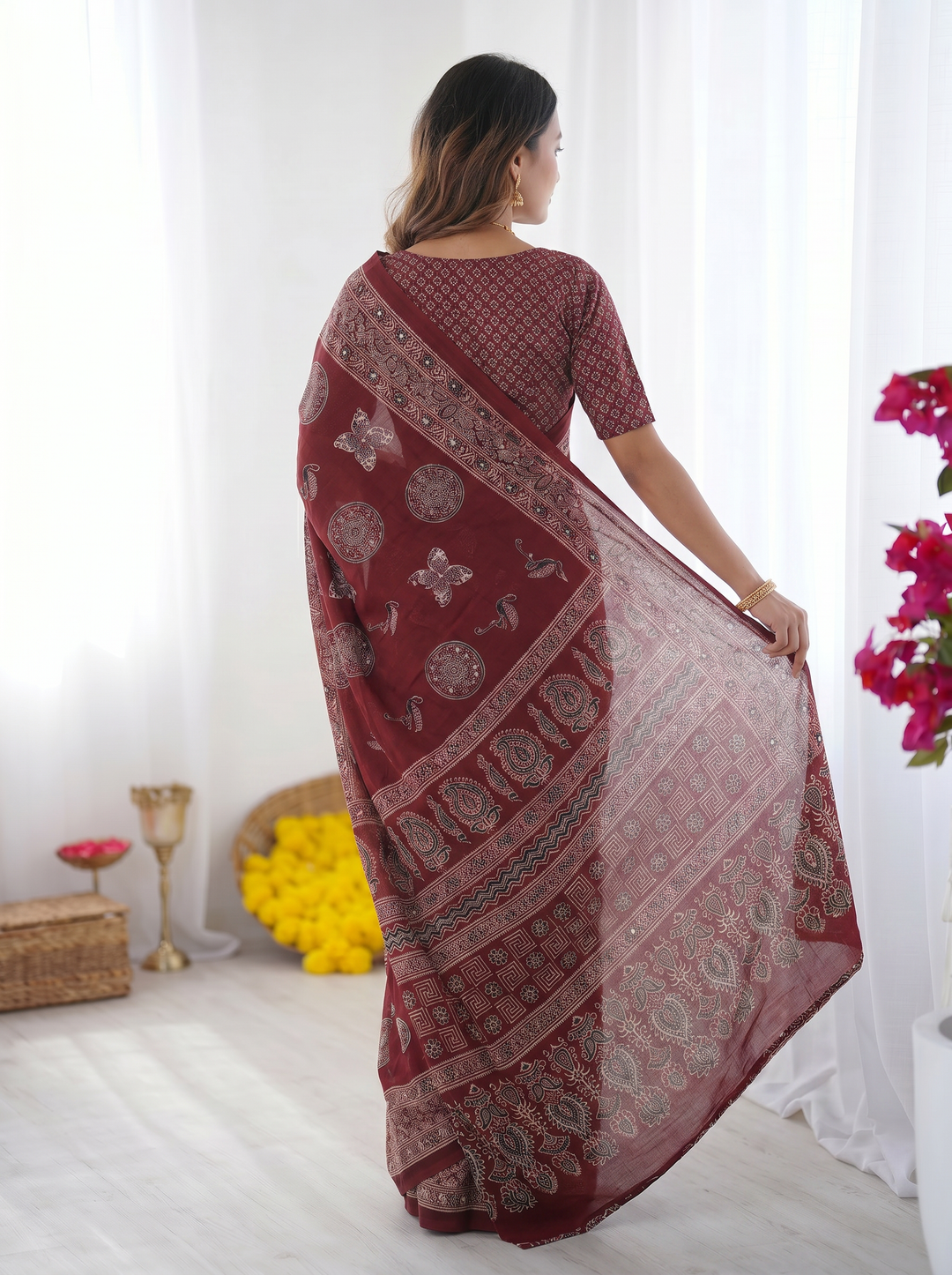 Maroon Modal Silk Saree with Paisley &amp; Circular Motif Print | Designer Heritage Pallu Saree for Festive Wear
