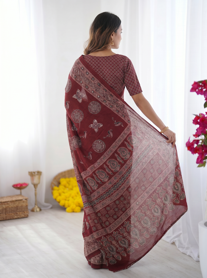 Maroon Modal Silk Saree with Paisley &amp; Circular Motif Print | Designer Heritage Pallu Saree for Festive Wear