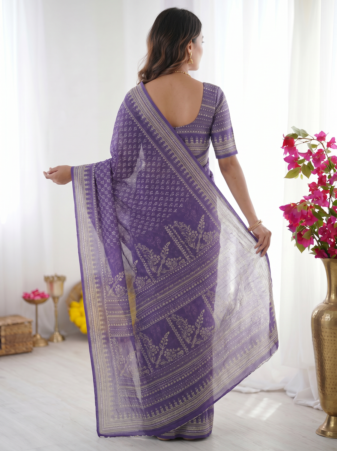 Royal Purple Modal Silk Saree with Delicate Floral Butti Prints, Traditional Woven Border &amp; Heritage Designer Pallu