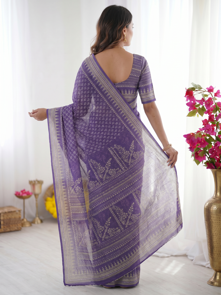Royal Purple Modal Silk Saree with Delicate Floral Butti Prints, Traditional Woven Border &amp; Heritage Designer Pallu
