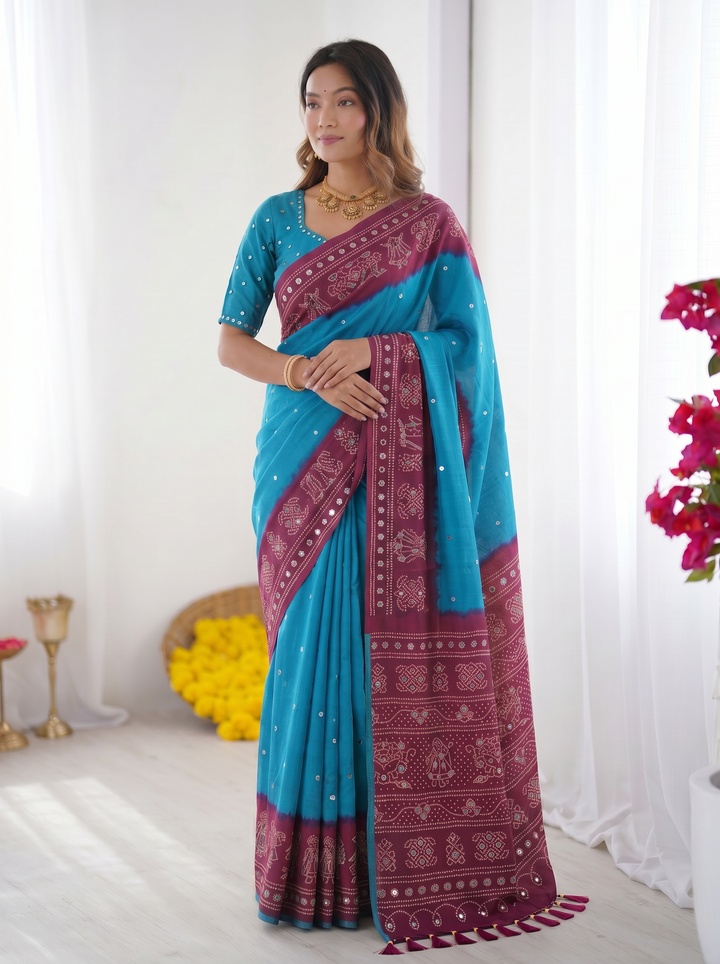 Sky Blue &amp; Wine Purple Bandhani Printed Cotton Silk Saree with Traditional Folk Border &amp; Tassel Pallu