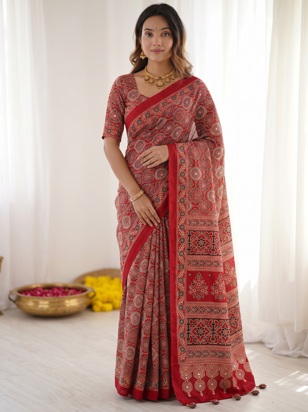 Ruby Red Pure Modal Silk Saree with Heritage Ajrakh Inspired Print &amp; Traditional Designer Pallu
