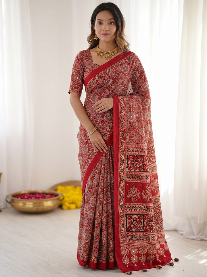 Ruby Red Pure Modal Silk Saree with Heritage Ajrakh Inspired Print &amp; Traditional Designer Pallu