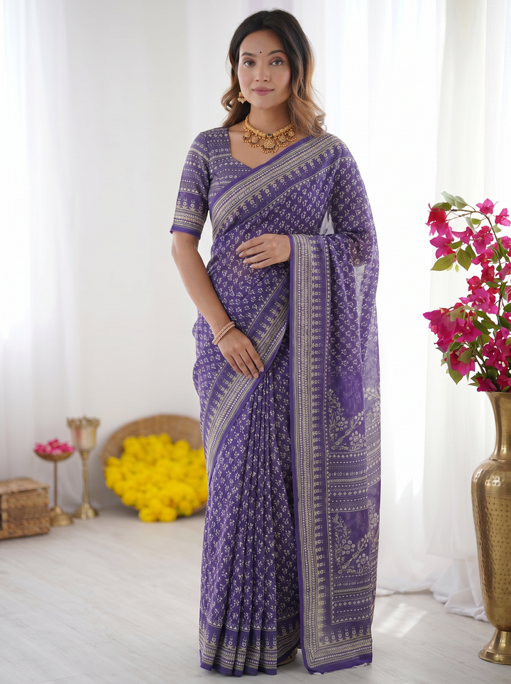 Royal Purple Modal Silk Saree with Delicate Floral Butti Prints, Traditional Woven Border &amp; Heritage Designer Pallu
