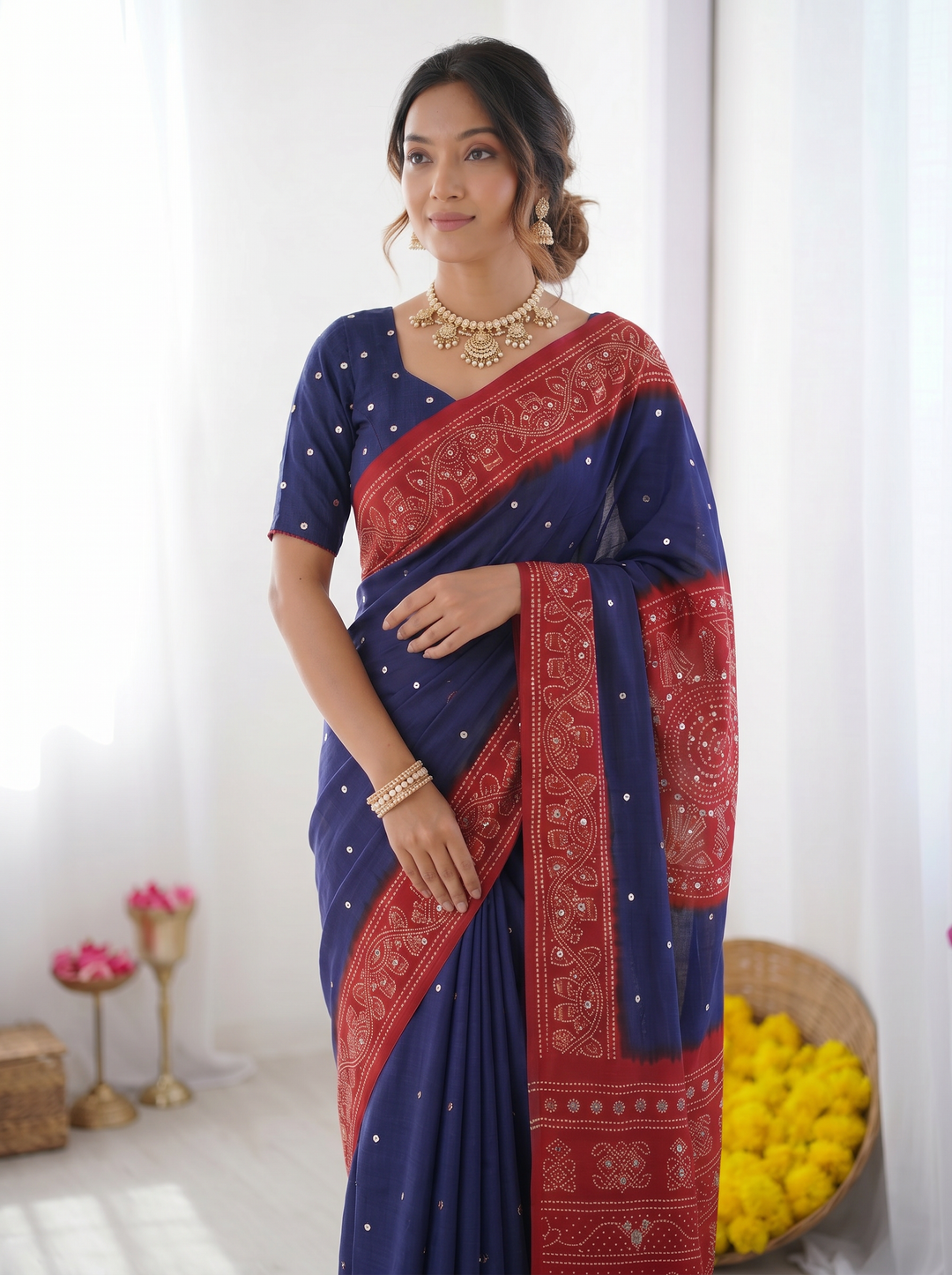 Royal Blue &amp; Crimson Red Bandhani Inspired Modal Silk Saree with Traditional Folk Art Pallu &amp; Stone Embellishments