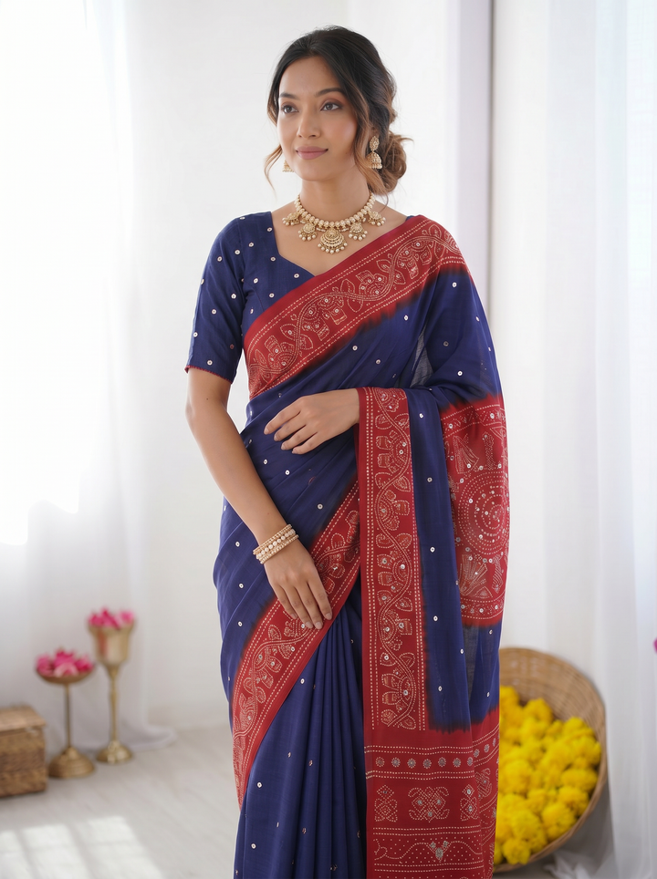 Royal Blue &amp; Crimson Red Bandhani Inspired Modal Silk Saree with Traditional Folk Art Pallu &amp; Stone Embellishments