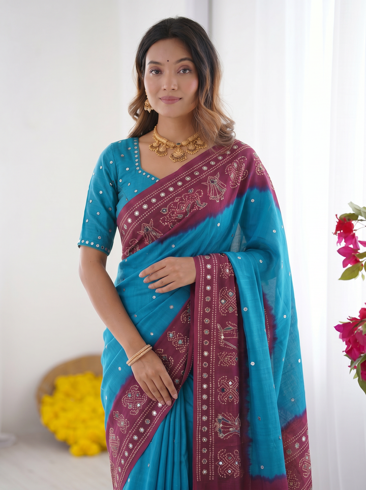 Sky Blue &amp; Wine Purple Bandhani Printed Cotton Silk Saree with Traditional Folk Border &amp; Tassel Pallu