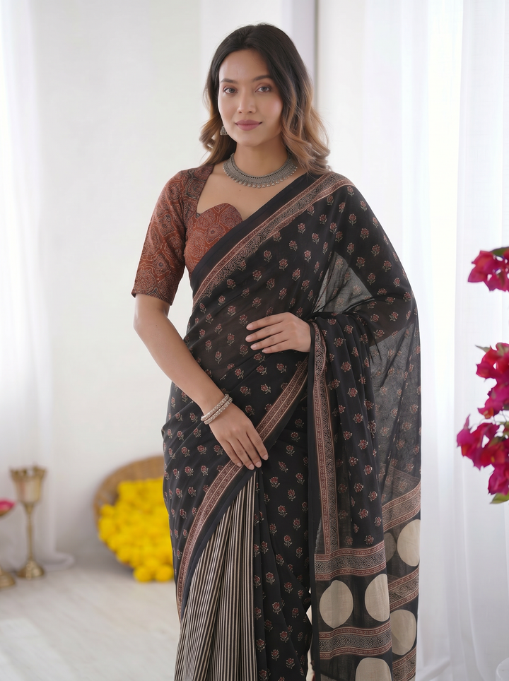 Black Modal Silk Saree with Floral Butti Prints, Striped Pleats &amp; Statement Geometric Designer Pallu