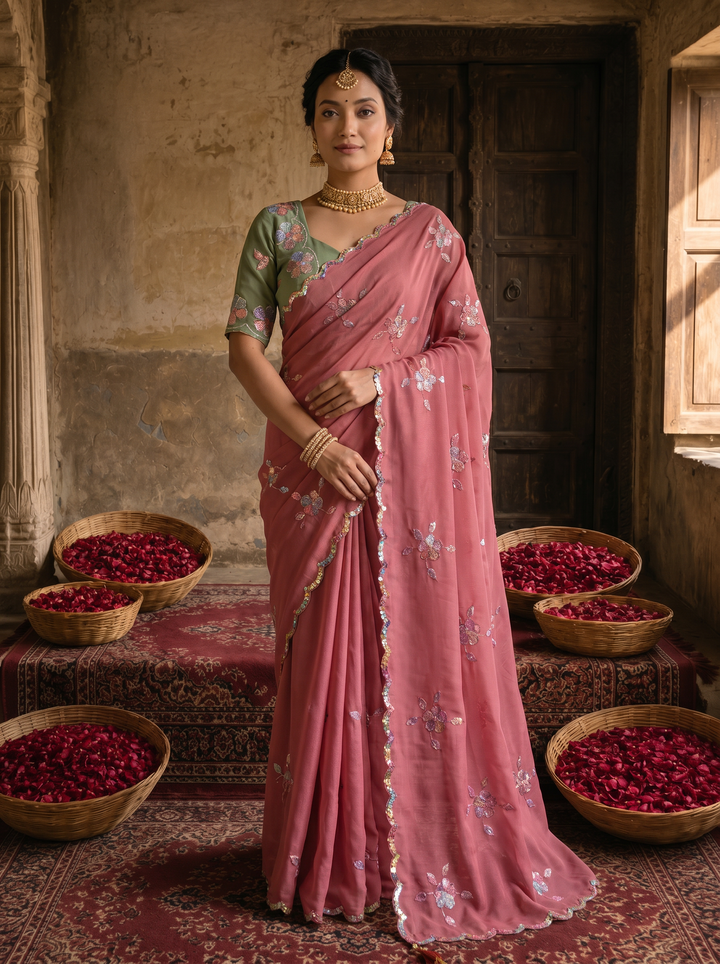 Dusty Rose Pink Georgette Embroidered Saree with Floral Sequin Work &amp; Contrast Designer Blouse