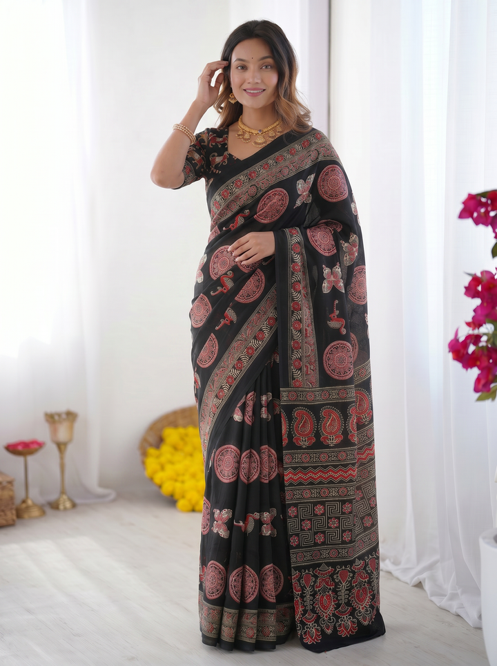 Black Modal Silk Saree with Traditional Ajrakh-Inspired Circular Motif Print &amp; Designer Pallu | Festive &amp; Ethnic Wear Saree
