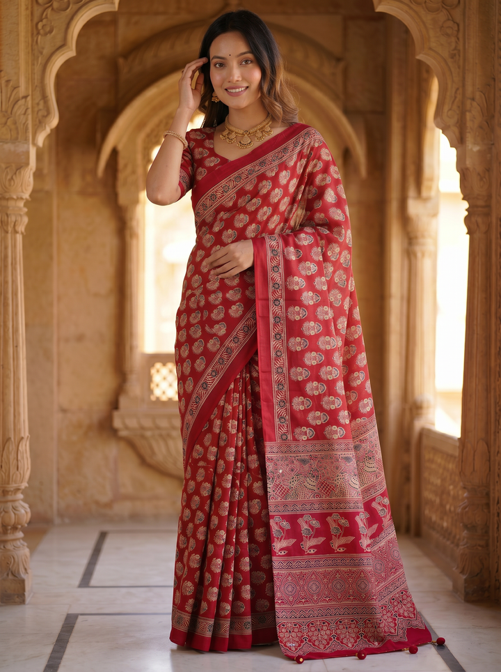 Royal Crimson Red Pure Modal Silk Saree with Heritage Floral Buti Print &amp; Traditional Designer Pallu