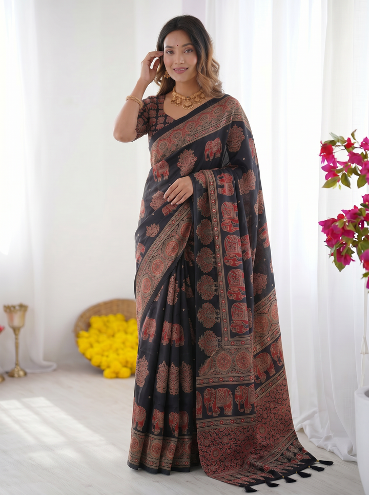 Black Modal Silk Saree with Elephant Motif Ajrakh Print &amp; Heritage Designer Pallu | Traditional Festive Wear Saree
