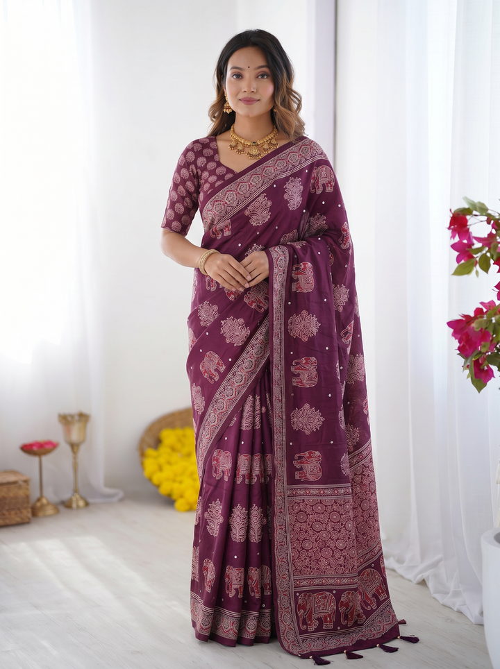 Plum Purple Modal Silk Saree with Elephant Motif Print &amp; Heritage Designer Pallu | Traditional Festive Wear Saree
