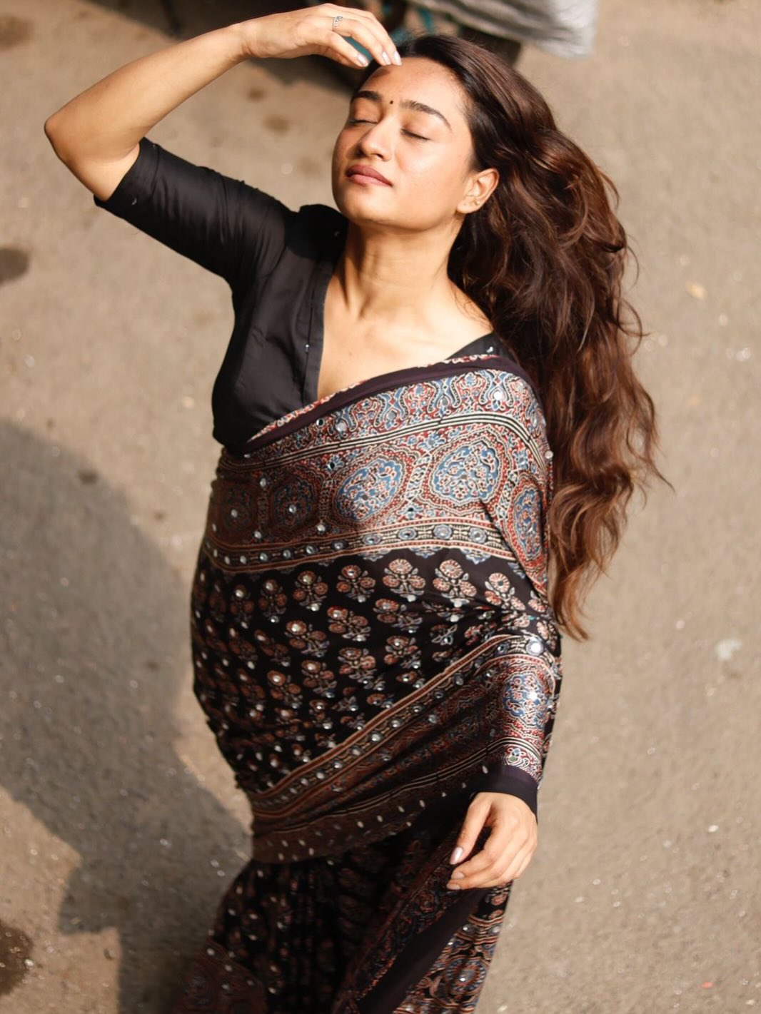Black Ajrakh Printed Modal Silk Saree with Tassels &amp; Attached Blouse | Traditional Ethnic &amp; Festive Wear Saree