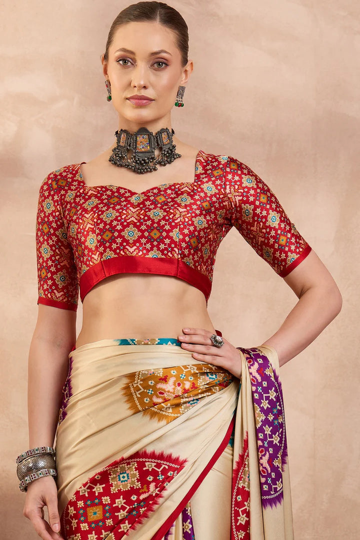 Cream Modal Silk Saree with Multicolor Patola-Inspired Print &amp; Ruby Red Border | Designer Festive Wear Saree
