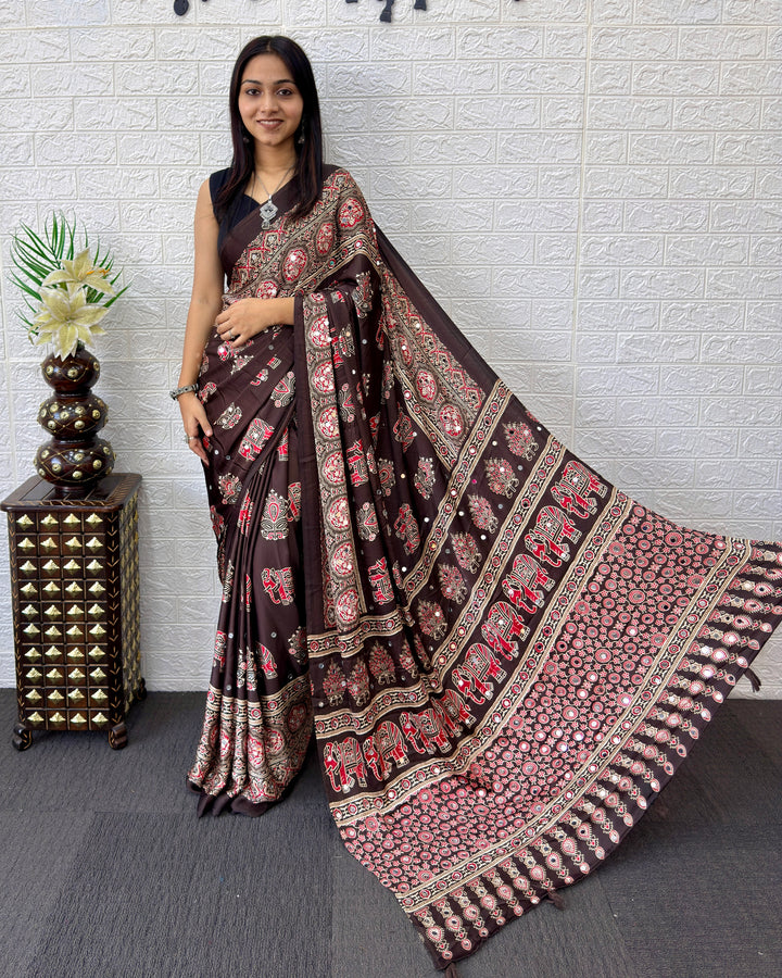 Chocolate Brown Modal Silk Saree with Elephant Motif Heritage Print &amp; Designer Pallu | Traditional Festive Wear Saree