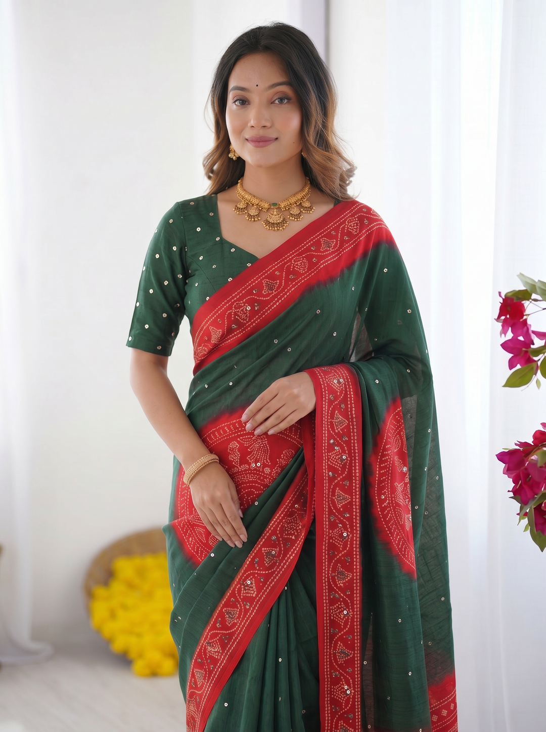 Bottle Green &amp; Ruby Red Bandhani Inspired Cotton Silk Saree with Traditional Folk Print Border &amp; Designer Pallu
