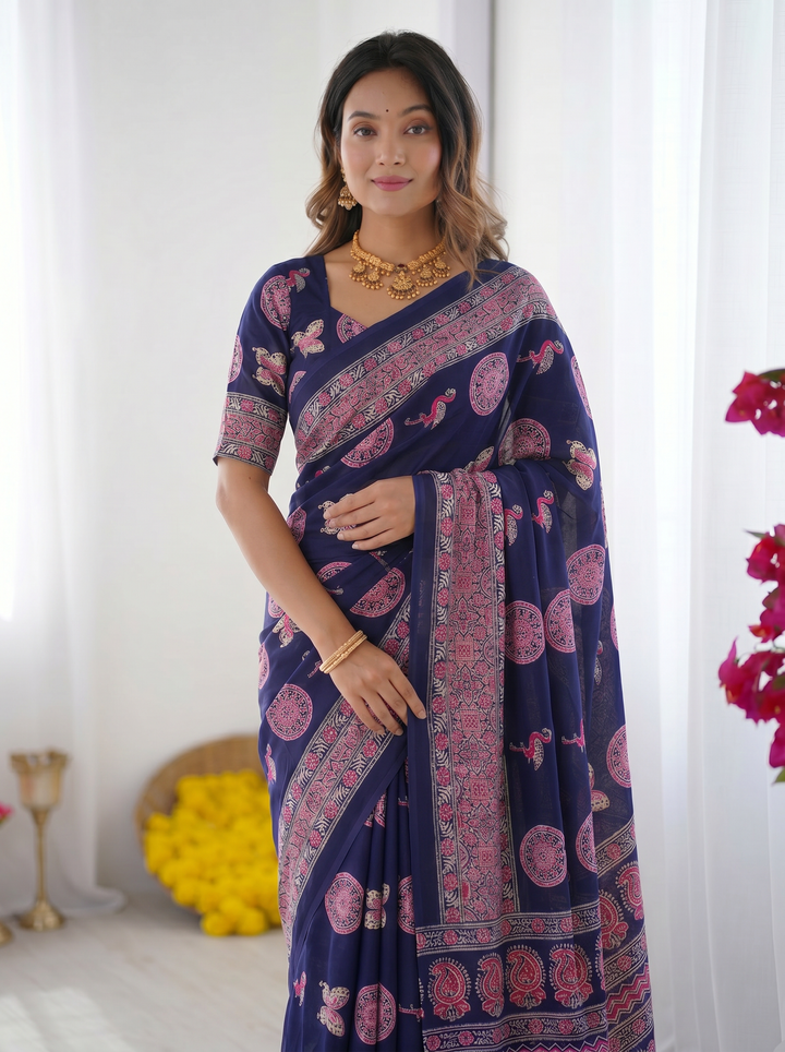 Navy Blue Modal Silk Saree with Paisley &amp; Circular Motif Print | Designer Heritage Pallu Saree for Festive Wear