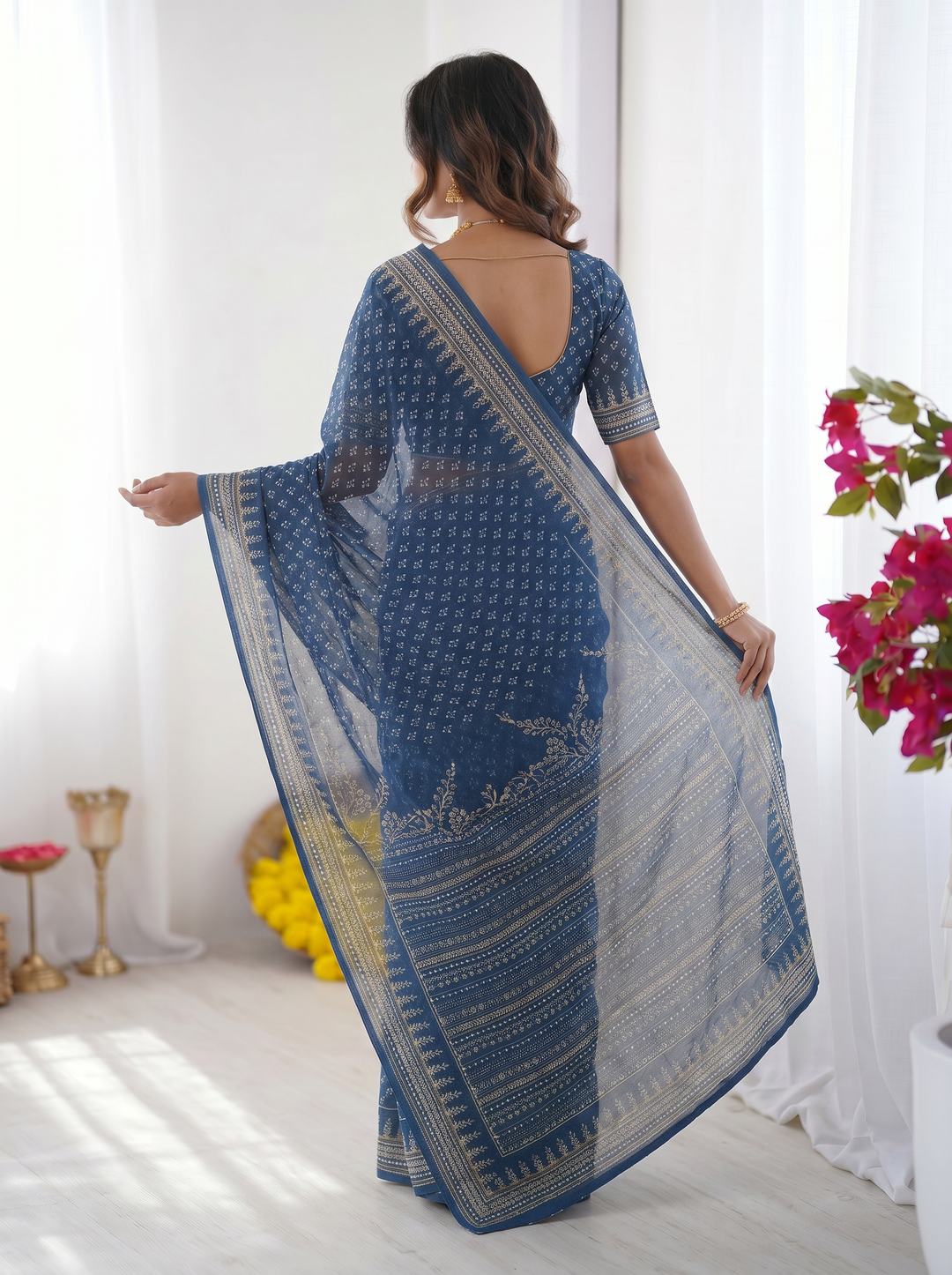 Steel Blue Modal Silk Saree with Delicate Floral Butti Prints, Traditional Heritage Border &amp; Elegant Designer Pallu