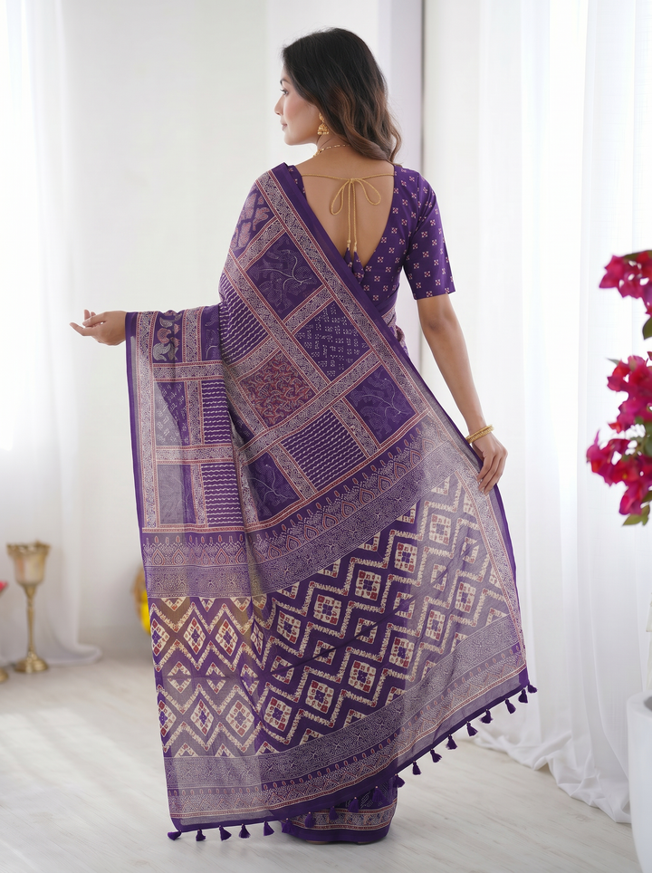 Royal Purple Modal Silk Saree with Tribal &amp; Geometric Print | Designer Ethnic Pallu Saree for Festive Wear