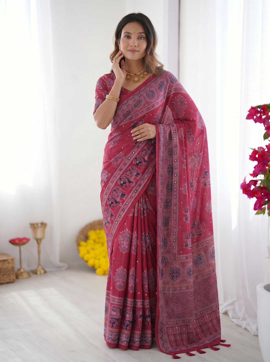 Rani Pink Modal Silk Saree with Elephant Motif Ajrakh Print &amp; Designer Pallu | Festive Ethnic Wear Saree