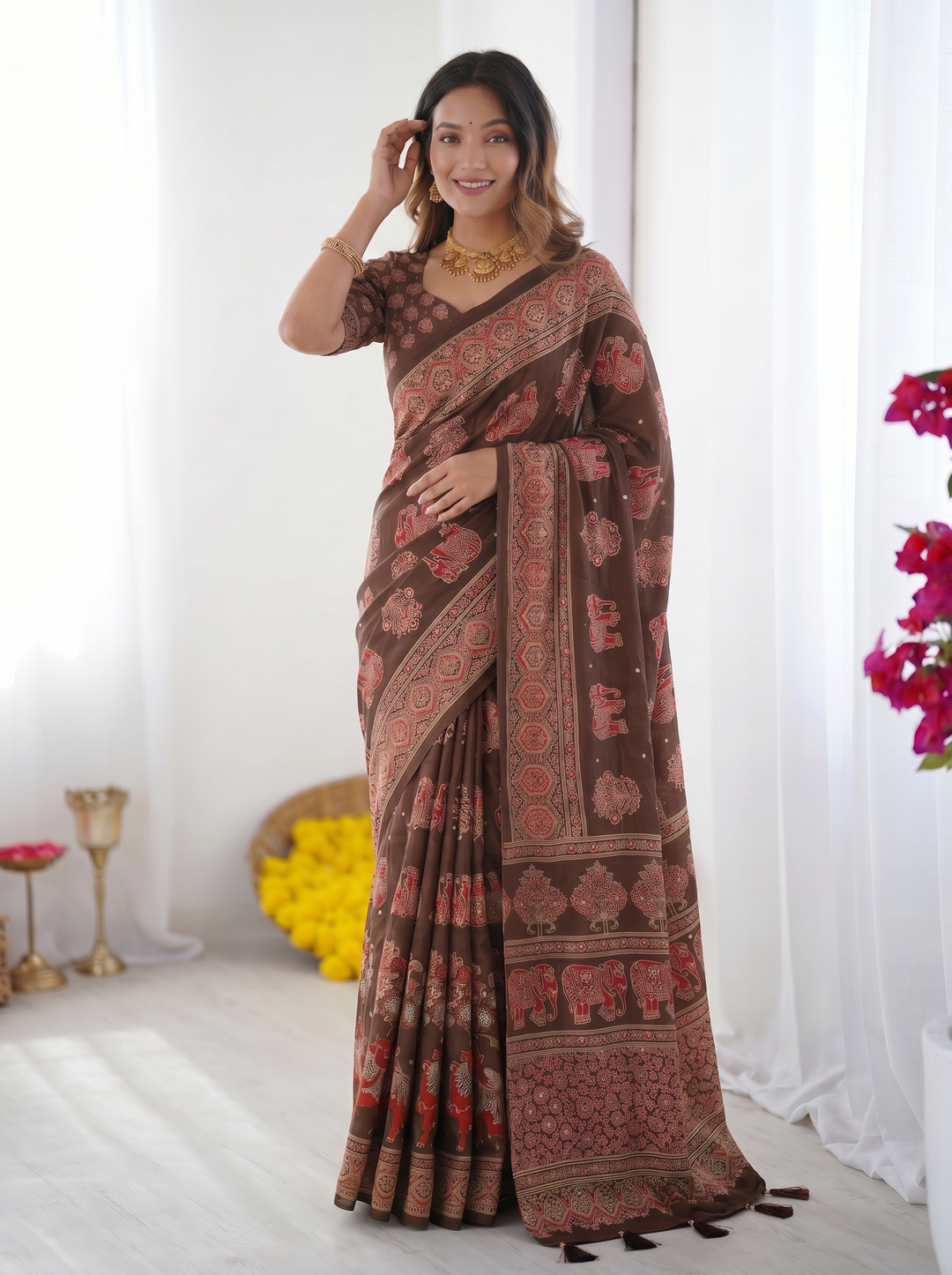 Chocolate Brown Modal Silk Saree with Elephant Motif Heritage Print &amp; Designer Pallu | Traditional Festive Wear Saree